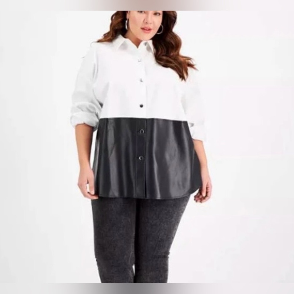 Bar III White and Faux Black Leather Shacket - PLUS 4X